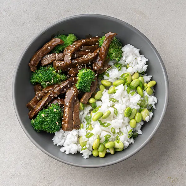 Shanghai Street Beef & Broccoli Bowl with Scallion Edamame Rice